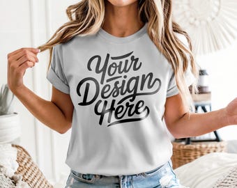 Silver Bella Canvas 3001 T-Shirt Mockup, Silver Shirt Model Mockup Shirt Mockup, Bella Canvas Model T-Shirt Silver Best Gray Boho Mockup