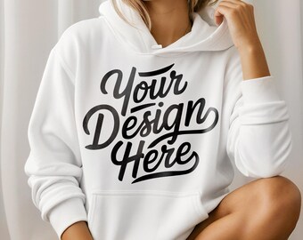 Gildan 18500 Weiß Sweatshirt Mockup, Gildan Weiß Sweatshirt Mockup, Sweatshirt Modell Mockup, Gildan Weiß 18500 Sweatshirt Hohe Auflösung