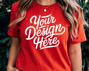 May include: A red t-shirt with the text "Your Design Here" in white lettering.