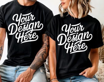 Mockup de camiseta preta para casal Bella Canvas 3001, mockup de camiseta masculina e feminina, Bella Canvas 3001, mockup de camiseta modelo, Bella Canvas para casais