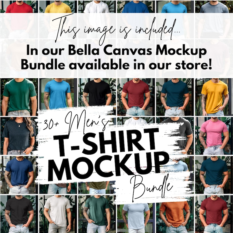 May include: A collage of 30+ men's t-shirt mockups in various colors, including black, white, blue, red, green, and yellow. The text "30+ Men's T-Shirt Mockup Bundle" is displayed in a white box with a black outline.