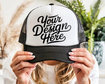 Foam Trucker Cap Mockup, Printify Otto Foam Black Trucker Hat Mockup, Mesh Hat Mockup, Black White Trendy Mockup, Best POD Custom Hat Mockup