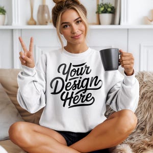 Gildan 18000 White Sweatshirt Mockup, Gildan White Trendy Sweatshirt Mockup, Sweatshirt Model Mockup, Gildan White 18000 Boho Sweatshirt