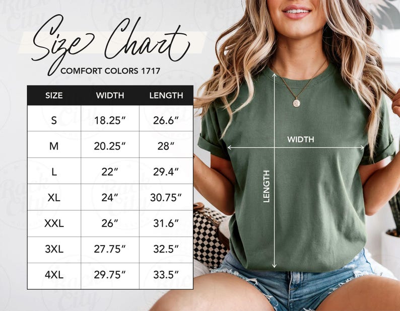 May include: Olive green t-shirt with rolled sleeves. A size chart for Comfort Colors 1717 shirts is displayed, showing sizes S to 4XL with width and length measurements in inches. The model is wearing the shirt.