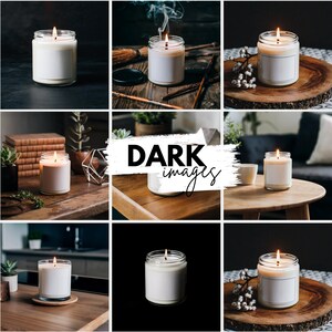 K&ouml;nnte beinhalten: Neun Bilder von wei&szlig;en Kerzen vor dunklem Hintergrund. Die Kerzen befinden sich in verschiedenen Umgebungen, darunter auf Holztischen, Regalen und einer Holzscheibe. Die Kerzen sind alle angez&uuml;ndet und strahlen ein warmes Licht aus.