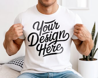 メンズホワイトコンフォートカラー1717モックアップ、ホワイトTシャツモックアップ、ホワイトコンフォートカラーガイモデルモックアップ、ホワイト男性シャツモックアップコンフォートカラー