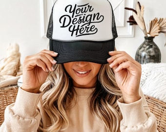 Foam Trucker Cap Mockup, Printify Otto Foam Black Trucker Hat Mockup, Mesh Hat Mockup, Black White Trendy Mockup, Best POD Custom Hat Mockup