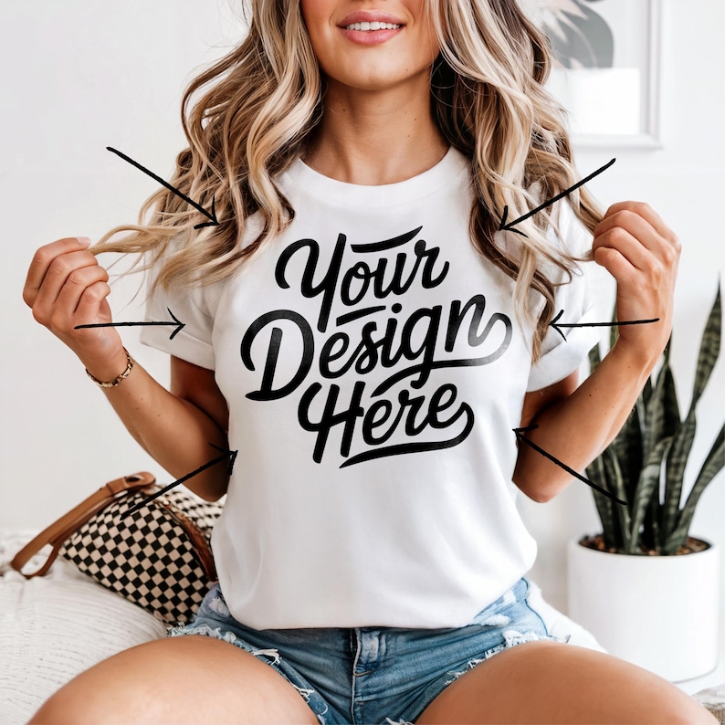 May include: White t-shirt with the text "Your Design Here" in a black, cursive font. The shirt is short-sleeved and is being held by a person. The person is wearing blue denim shorts.