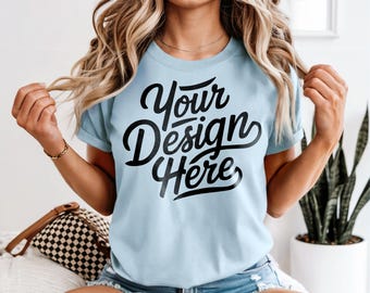 Chambray Comfort Colors 1717 Mockup, Chambray T-shirt Mockup, Chambray Comfort Colors 1717 Model Mockup, Chambray POD Shirt Boho Mockup 1717