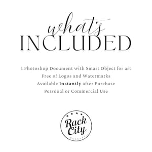 Pu&ograve; includere: Una grafica bianca con le parole "what's INCLUDED" in un font elegante. Sotto, elenca un documento Photoshop, privo di loghi, disponibile istantaneamente, per uso personale o commerciale. Un logo circolare con "Rack City Mockups" &egrave; in basso.