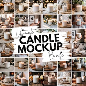 Puede incluir: Un collage de imágenes que muestran diferentes maquetas de velas en diferentes entornos. Las velas están en frascos de vidrio con varios colores y diseños. Las imágenes muestran velas en bandejas de madera, mesas y estantes, con algunas velas rodeadas de vegetación y otros elementos decorativos. El texto "Ultimate Candle Mockup Bundle" se muestra en el centro del collage.
