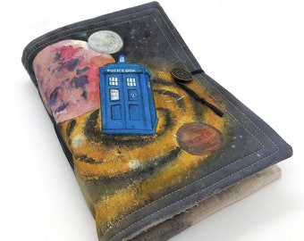 Time Traveller, unique journal, A5, handmade, space, science fiction, doctor, book, police phone box, blue, british, uk