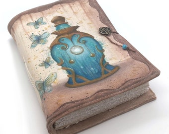 Alchemy, handmade journal, A5, magic bottle, alchemist, butterflies, original art, painted