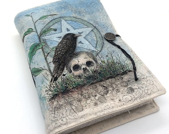 Time, unique journal, A5, handmade book, original art, skull, crow, raven painting, pentacle