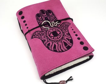 Hamsa, Handmade Leather Journal, Notebook, Diary, Fuchsia, Pink