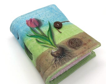 Tulip, Handmade journal, original Art on Canvas, painted flower notebook, kreativlink, pink paper, whimsical gift