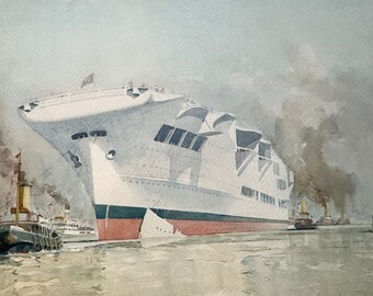 Original 1930s JAMES S. MANN Watercolor Painting HMS Ark Royal Launch Day