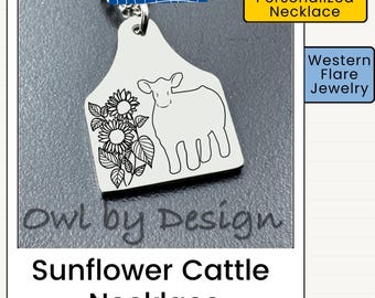 Sunflower Cattle Necklace | Show Cow Jewelry | Personalized Livestock Necklace | Personalized Cow Tag Necklace | Livestock Show Gift