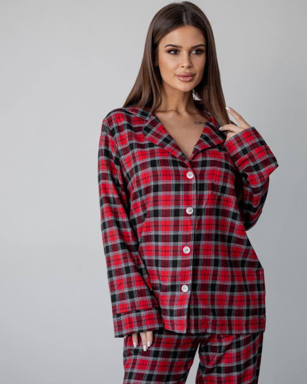 Pantaloni pigiama da donna in pile scozzese, Pantaloni da notte caldi invernali, comodi pantaloni da salotto con elastico in vita, Biancheria da notte