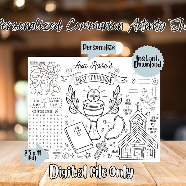 Personalized First Communion party Activity Coloring Page, Placemat, Holy Communion Party favors, Any age Printable digital