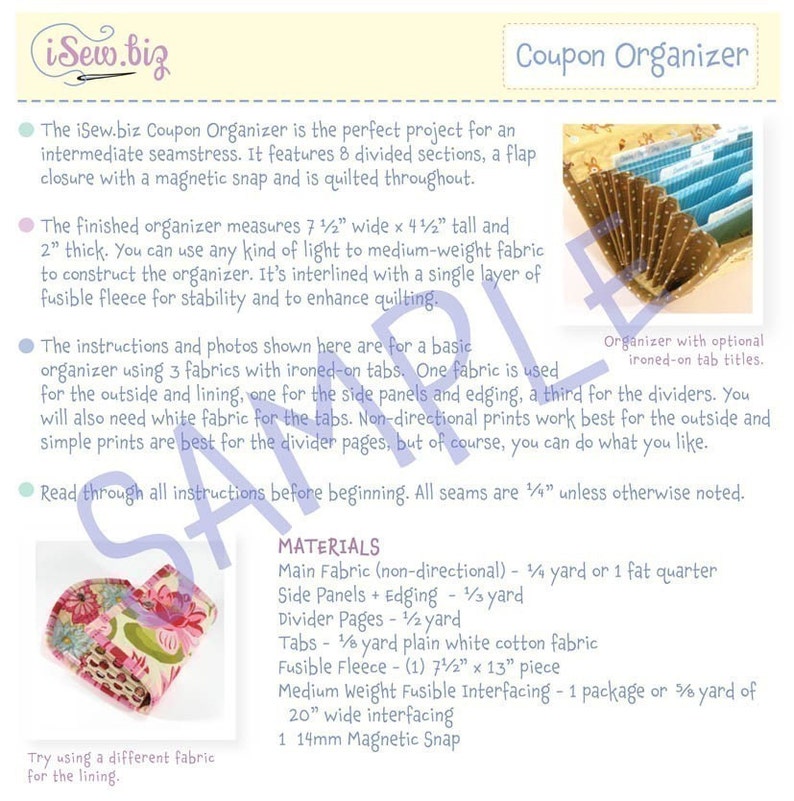 SEWING PATTERN Accordion Style Organizer for Coupons Receipts Cash image 3