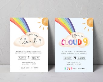 EDITABLE Cloud 9 Rainbow Ninth Birthday Party Invitation Templates with Instant Download // Print, Text or Email