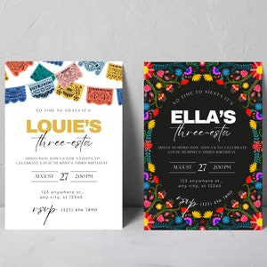 Puede incluir: Dos invitaciones de cumpleaños de temática de fiesta coloridas. La primera invitación es para el tercer cumpleaños de Louie y presenta un fondo blanco con banderas de papel coloridas. La segunda invitación es para el tercer cumpleaños de Ella y presenta un fondo negro con bordados florales coloridos.