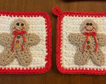 Gingerbread Man Crocheted Potholder Pair