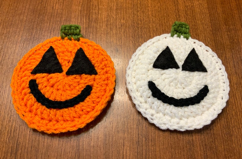Pumpkin Crocheted Coasters White Jack o Lantern