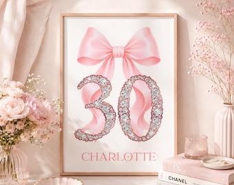 Póster personalizado para el 30 cumpleaños, con lazo rosa y efecto diamante, recuerdo del trigésimo aniversario.