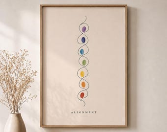 May include: A framed wall art print on a light beige background featuring a vertical black line drawing that loops around seven colored oval shapes in purple, dark blue, light blue, green, yellow, orange, and red. The word ALIGNMENT is printed below.