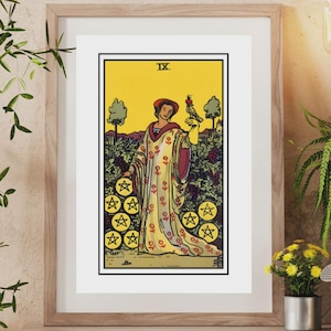 Nine of Pentacles Tarot Card Wall Art, Rider Waite Tarot Print, Abundance & Self-Sufficiency Decor, Witchy Boho Spiritual Poster