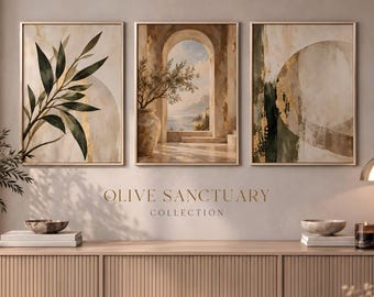 May include: Three framed wall art prints from the Olive Sanctuary Collection featuring botanical leaves, a Mediterranean archway with a coastal view, and abstract circular shapes in shades of beige, green, and gold, displayed above a wooden sideboard.