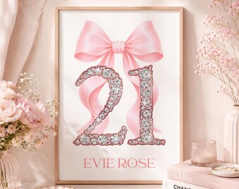 Lámina personalizada para el 21 cumpleaños, póster con nombre y efecto diamante de lazo rosa, arte para hija