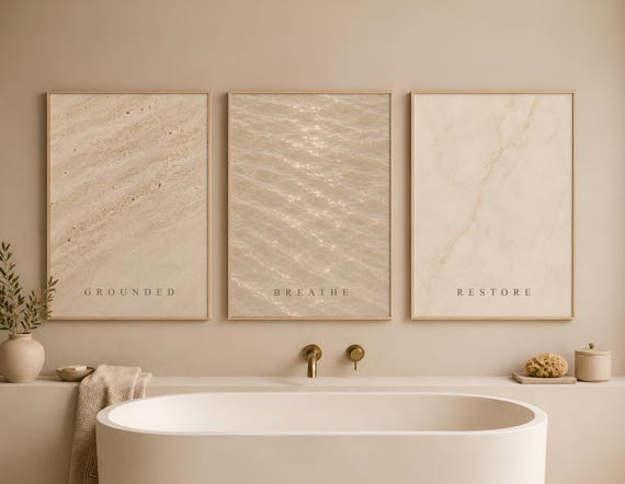 Minimalist Spa Wall Art Set of 3,  Bathroom Triptych Prints, Cream Marble Water Stone Poster