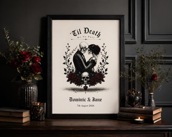 Personalised Gothic Wedding Print, Skeleton Couple Art, Anniversary Gift, Alternative Bride Groom