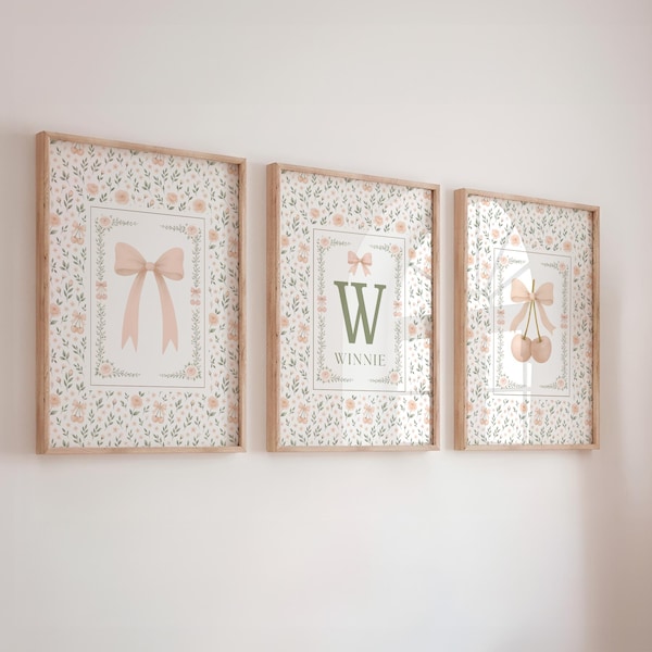 Personalised Nursery Prints Set of 3, Custom Name Initial Print, Bow Cherry Nursery Art, Blush Pink Baby room Decor, Vintage Floral Posters