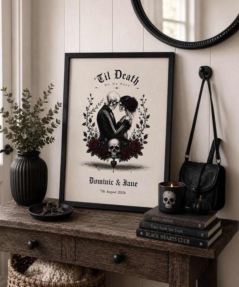 Personalised Gothic Wedding Print, Skeleton Couple Art, Anniversary Gift, Alternative Bride Groom image 5