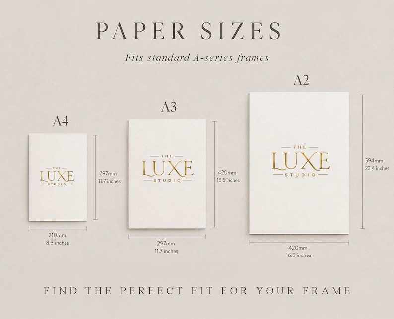 Puede incluir: Una tabla titulada PAPER SIZES que muestra las dimensiones de papel A4, A3 y A2 en mil&iacute;metros y pulgadas. Cada tama&ntilde;o incluye el texto dorado THE LUXE STUDIO. Las dimensiones son 210mm por 297mm, 297mm por 420mm y 420mm por 594mm.