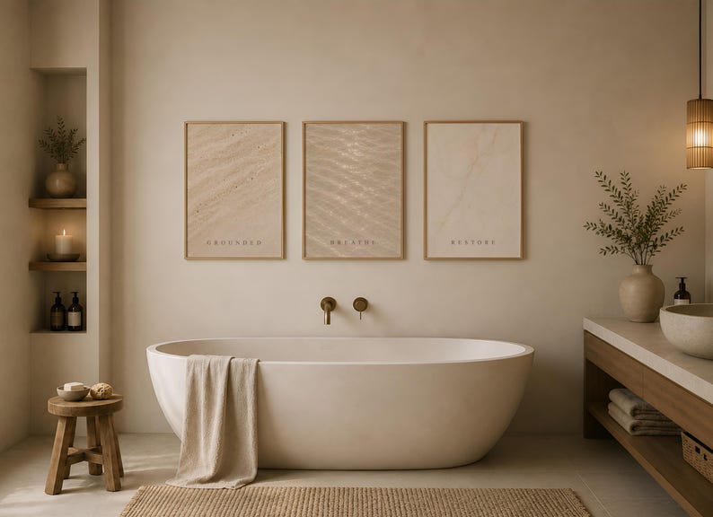 Puede incluir: Tres l&aacute;minas de pared rectangulares en marcos de madera clara colgadas sobre una ba&ntilde;era ovalada blanca. Las l&aacute;minas presentan texturas abstractas en beige y las palabras GROUNDED, BREATHE y RESTORE en letras may&uacute;sculas oscuras.