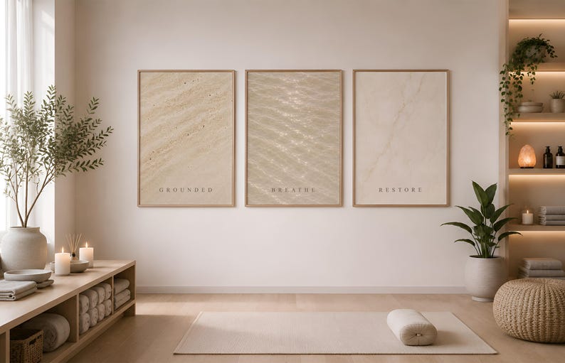 Puede incluir: Tres l&aacute;minas rectangulares de pared en marcos de madera clara, cada una con una textura abstracta en tonos beige. La l&aacute;mina de la izquierda muestra la palabra GROUNDED, la central BREATHS y la de la derecha la palabra RESTORE.