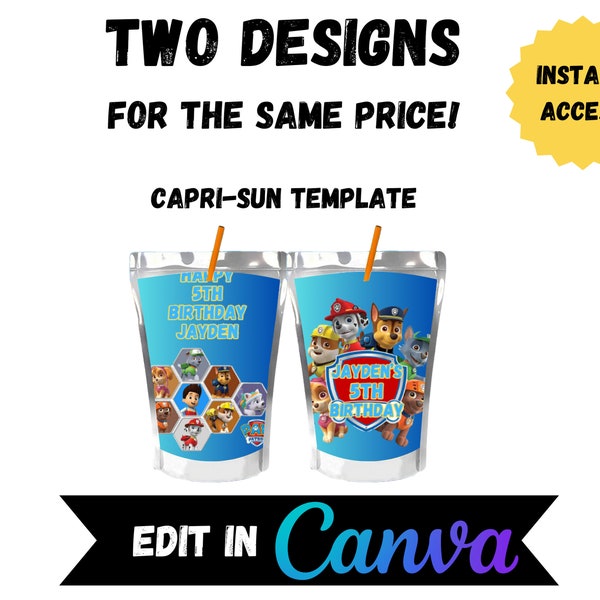 Editable Capri-Sun Label Template |Kids Birthday Party Printable Paw Patrol |Digital BDay Paw Patrol Template | Instant Download-PDF File