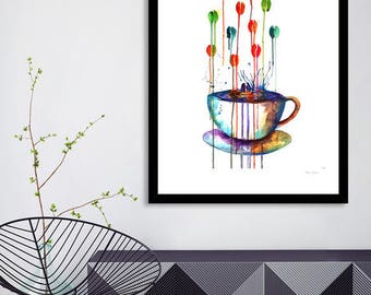 Taza de café Imprimir cocina en impresión cocina acuarela cocina arte moderno granos de café café decoración café arte cappuccino café acuarela