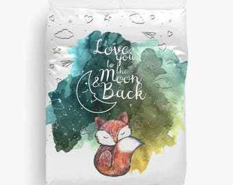 Fox Duvet Cover Woodland Duvet Cover Animal Duvet Cover Fox Bedding Cute Comforter Te encanta a la luna y espalda Fox Bedding Duvet Cover