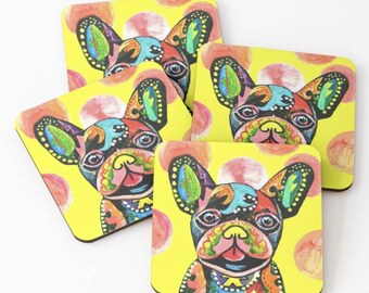 French Bulldog Pop Art colorful coasters puppy coasters Key West Chic bulldog on Wood Set of 4 Tropical Coasters pop of color summer