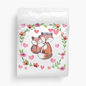 Fox duvet cover Cute kawaii bedding for kids comforter girls bedding Cute foxes vday bedding Cute red fox bedding Valentine&#39;s day tween gift