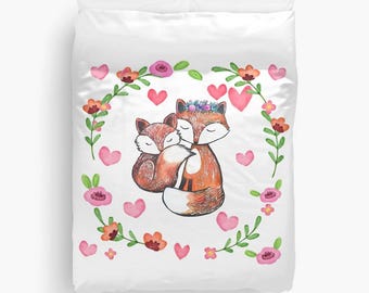 Funda de edredón de zorro Linda ropa de cama kawaii para niños, edredón, ropa de cama para niñas, lindos zorros, ropa de cama para San Valentín, linda ropa de cama de zorro rojo, regalo para preadolescentes para el día de San Valentín