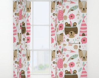 Woodland Nursery curtains pink boho nursery Blush Pink Coral Pink Brown Green Gold Feather Boho pink nursery animals curtains girls bedroom