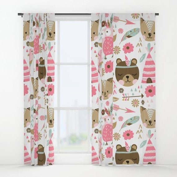 Woodland Nursery Curtains Pink Boho Nursery Blush Pink Coral Etsy