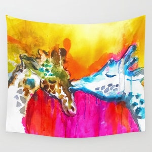 May include: A watercolor painting of two giraffes kissing. The giraffes are painted in shades of blue, green, and white, and the background is a vibrant yellow and pink.